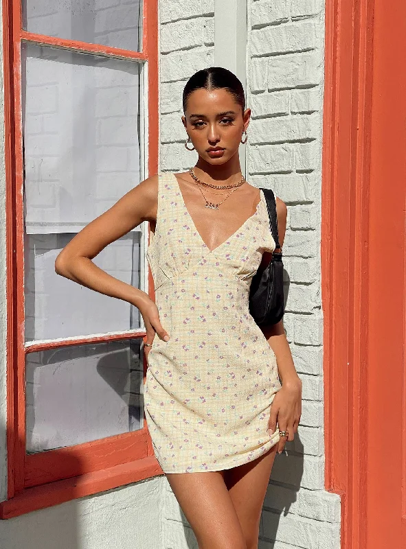 Metallic mini dresses for a glamorous event Quincy Mini Dress Yellow Floral