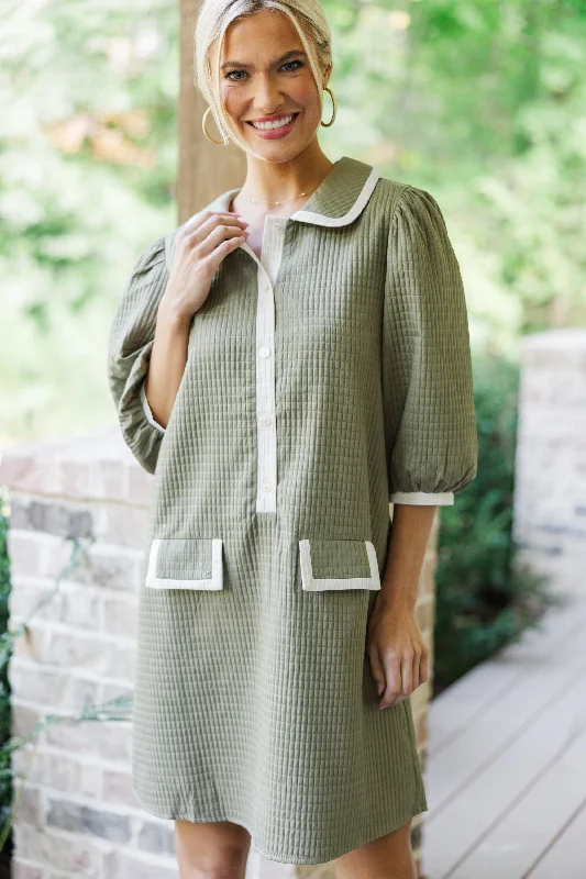 Linen Casual Dresses for Breathability​ THML: What A Joy Olive Green Textured Dress
