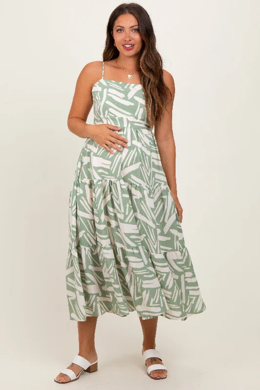 Non - Slip Casual Dresses with Adjustable Straps​ Light Olive Printed Cutout Tie Back Tiered Maternity Midi Dress