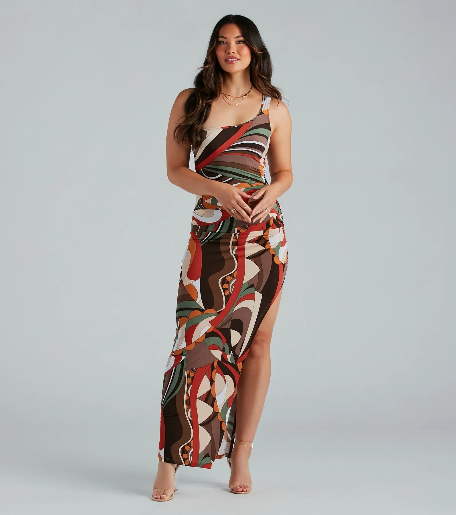 Geometric - Patterned Casual Dresses for a Modern Style​ Artsy Dreamer One Shoulder Abstract Maxi Dress