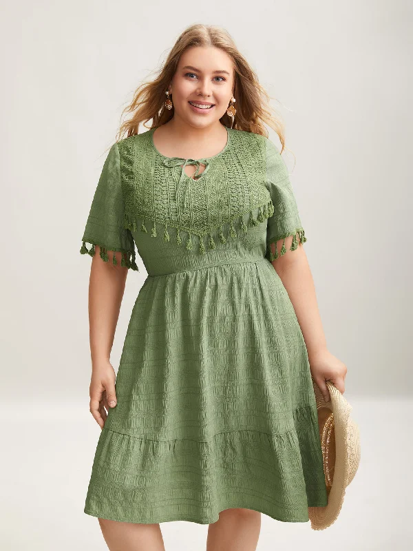 Glittery Casual Dresses for a Sparkly Effect​ Lace Neck-Tie Pockets Tiered Midi Dress