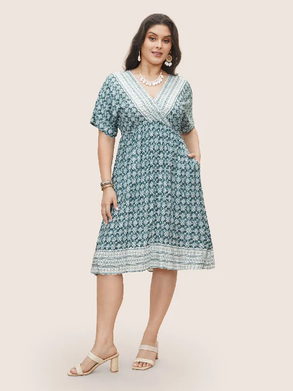 Rain - Resistant Casual Dresses for Wet Weather Rayon Ditsy Floral Overlap Collar Pocket Dress Rain - Resistant Casual Dresses for Wet Weather Rayon Ditsy Floral Overlap Collar Pocket Dress