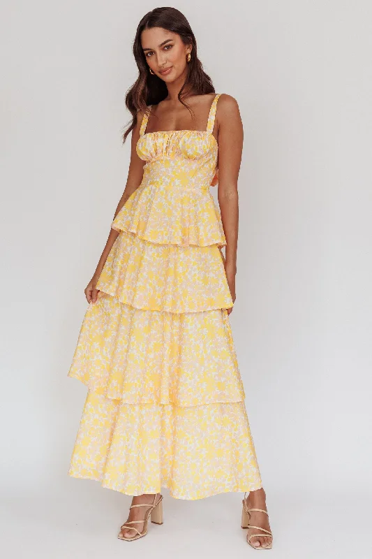 Detachable - Sleeve Casual Dresses for Versatility Provence Bloom Tiered Ruffle Floral Maxi Dress Yellow Detachable - Sleeve Casual Dresses for Versatility Provence Bloom Tiered Ruffle Floral Maxi Dress Yellow