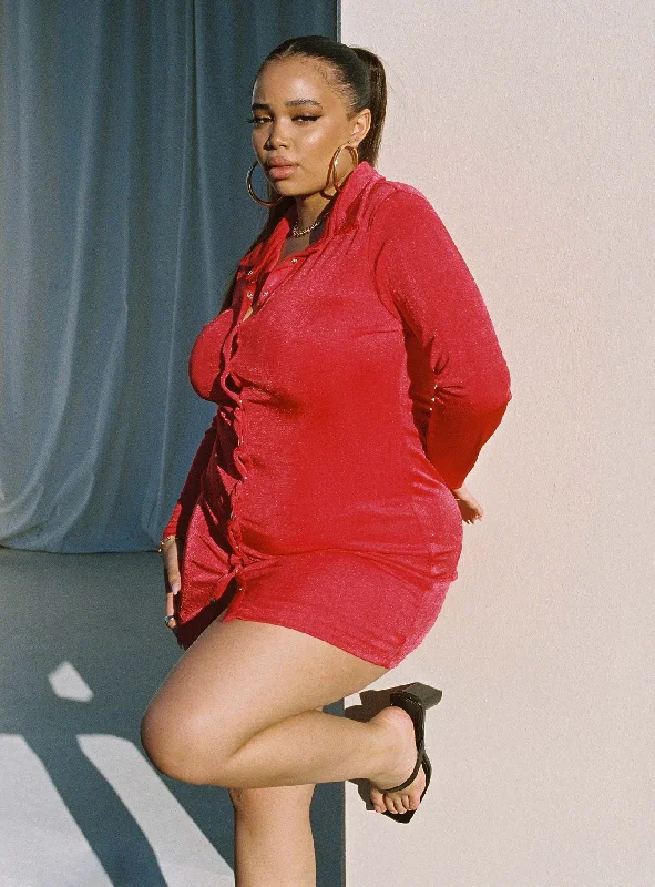Mini dresses with patchwork designs for a unique style Elody Long Sleeve Mini Dress Red Curve