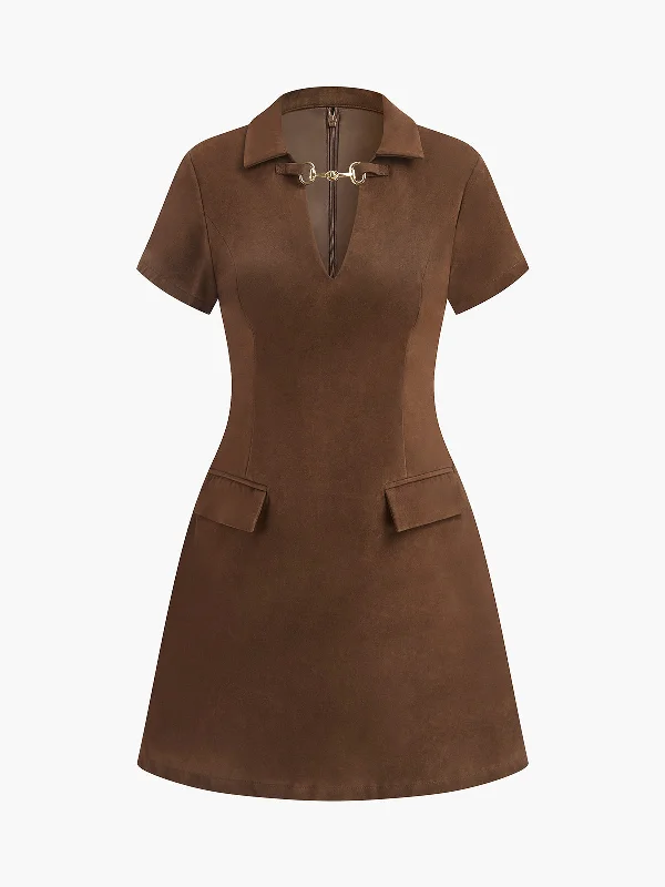Organic Cotton Casual Dresses for a Natural Choice​ V-Neck Short Sleeve Suede Dress