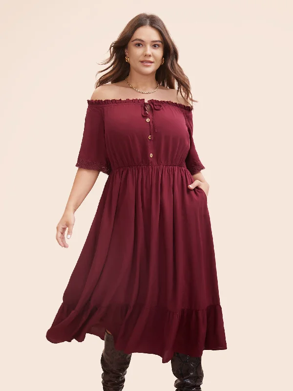 Drawstring - Waist Casual Dresses for Adjustable Tightness Plain Off Shoulder Lace Trim Ruffle Hem Dress Drawstring - Waist Casual Dresses for Adjustable Tightness Plain Off Shoulder Lace Trim Ruffle Hem Dress