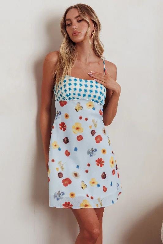 Solid Color Casual Dresses in Earth Tones Fleur Sun Cami Strap Mini Dress Flowers Blue Solid Color Casual Dresses in Earth Tones Fleur Sun Cami Strap Mini Dress Flowers Blue
