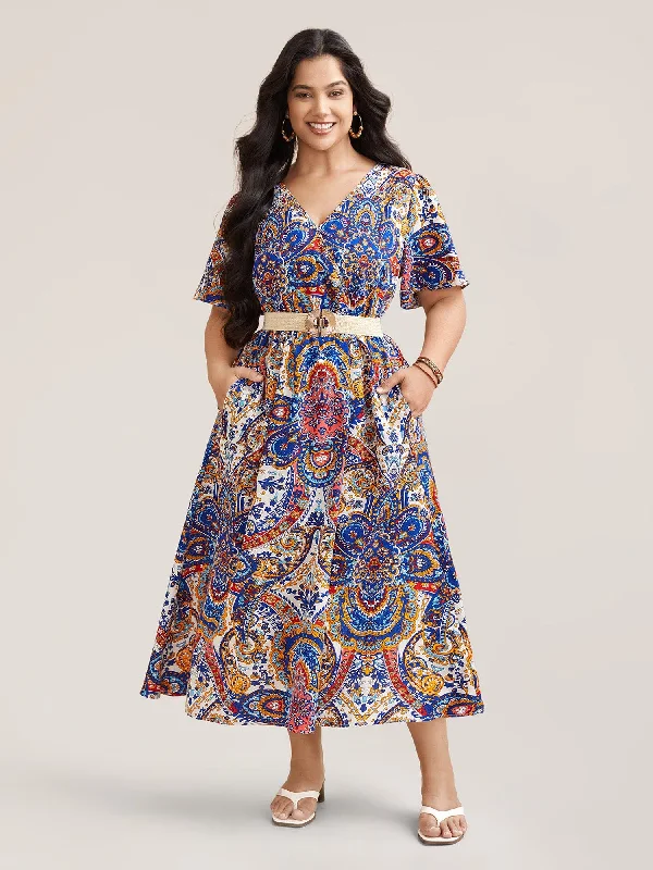 Bamboo - Fiber Casual Dresses for an Eco - Friendly Option Paisley Print Pockets Surplice Neck Midi Dress Bamboo - Fiber Casual Dresses for an Eco - Friendly Option Paisley Print Pockets Surplice Neck Midi Dress