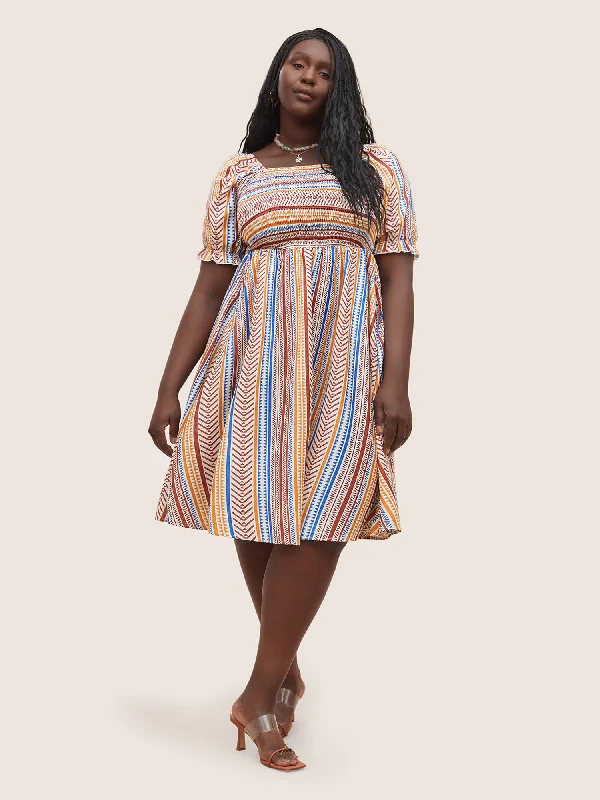 Pocket - Equipped Casual Dresses for Practicality Color Striped Shirred Lantern Sleeve Dress Pocket - Equipped Casual Dresses for Practicality Color Striped Shirred Lantern Sleeve Dress
