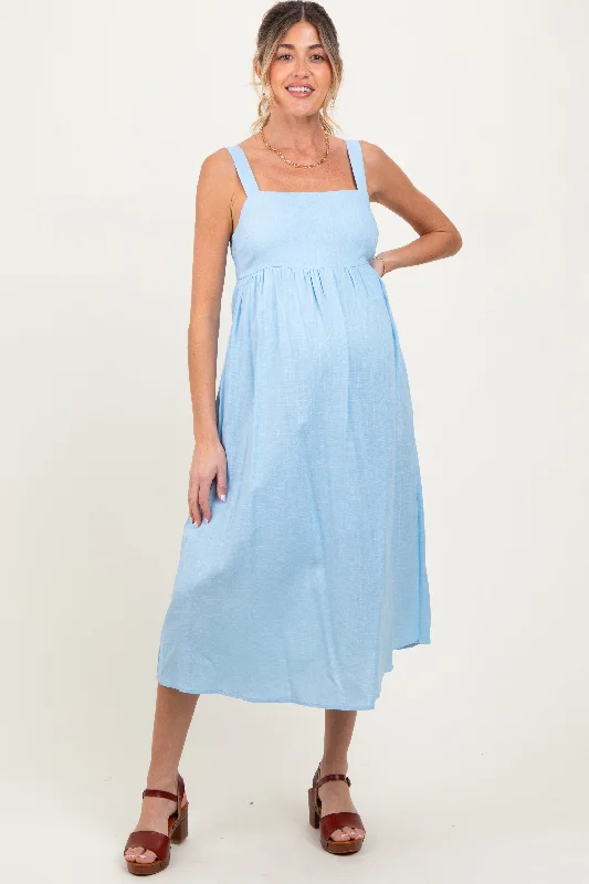 Tie - Dye Casual Dresses for a Retro Style​ Blue Linen Blend Square Neck Maternity Midi Dress