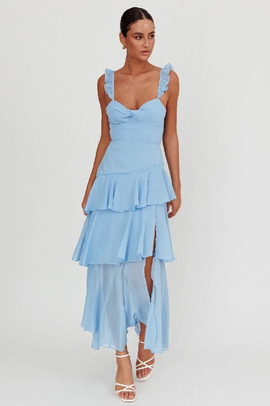 Outdoor Event Casual Dresses in Durable Fabrics Veda Ruffle Strap Split Maxi Dress Blue Outdoor Event Casual Dresses in Durable Fabrics Veda Ruffle Strap Split Maxi Dress Blue