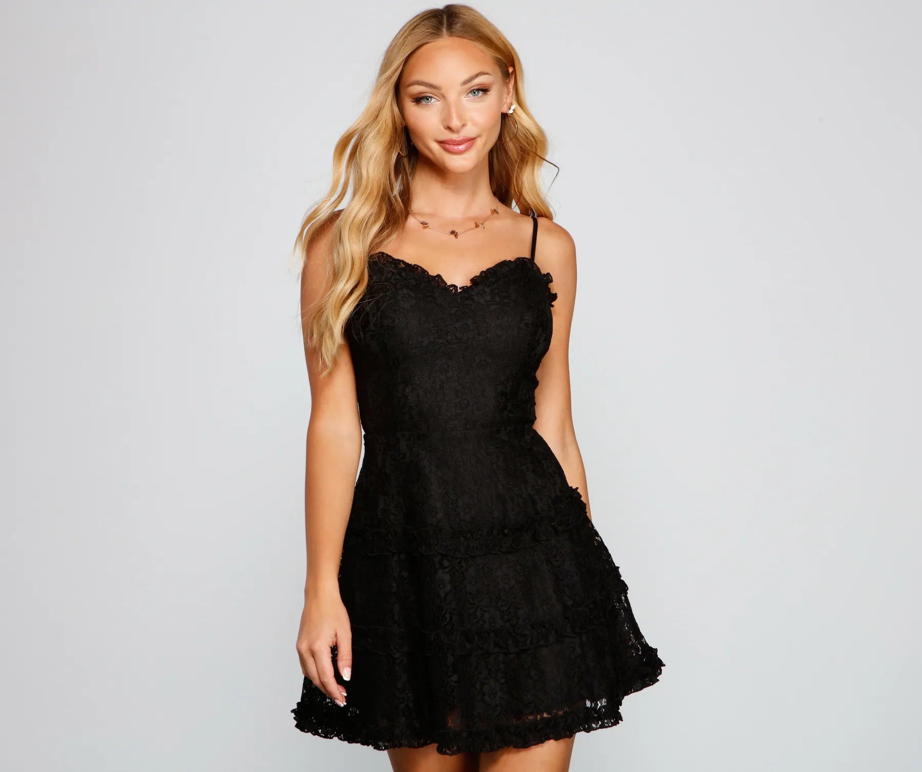 Mini dresses with fringe for a bohemian style All About That Lace Ruffled Mini Dress