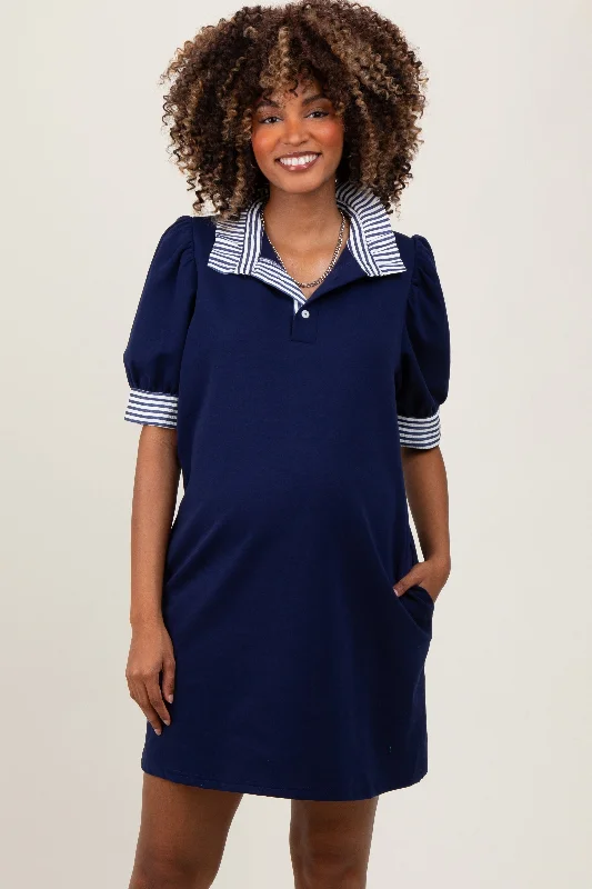 Faux Fur - Lined Casual Dresses for Winter Warmth Navy Mock Neck Contrast Striped Trim Maternity Mini Dress Faux Fur - Lined Casual Dresses for Winter Warmth Navy Mock Neck Contrast Striped Trim Maternity Mini Dress