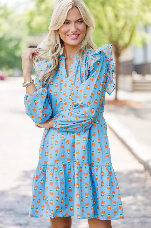 Button - Down Casual Dresses for a Classic Vibe At This Time Blue Floral L/S Babydoll Dress Button - Down Casual Dresses for a Classic Vibe At This Time Blue Floral L/S Babydoll Dress