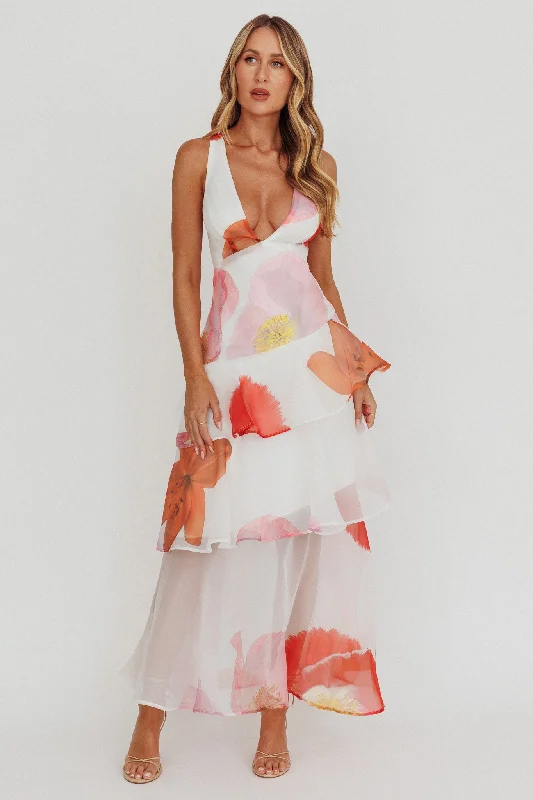 Zip - Front Casual Dresses for Easy On and Off Veda Strappy Back Ruffle Maxi Dress Flowers Pink Zip - Front Casual Dresses for Easy On and Off Veda Strappy Back Ruffle Maxi Dress Flowers Pink