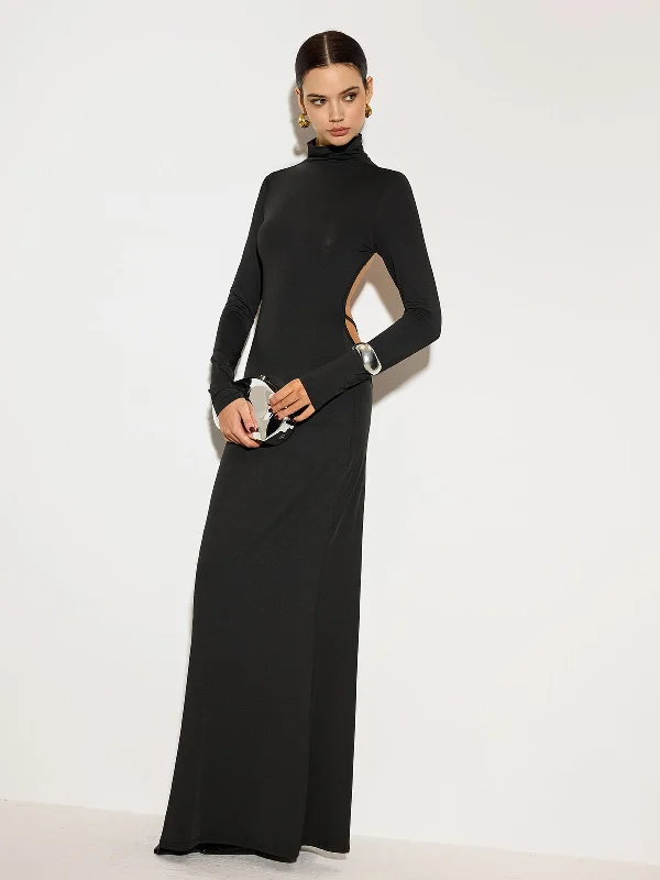 Winter - Warm Casual Dresses with Lined Fabrics​ Mock Neck Open Back Long Dress