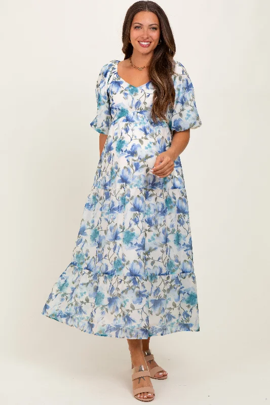 Brand - Specific Casual Dresses from Popular Labels​ Blue Floral Tiered Puff Sleeve Maternity Midi Dress