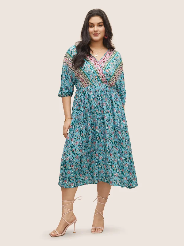 Tie - Waist Casual Dresses for Adjustable Fit​ Boho Print Wrap Elastic Waist Lantern Sleeve Dress