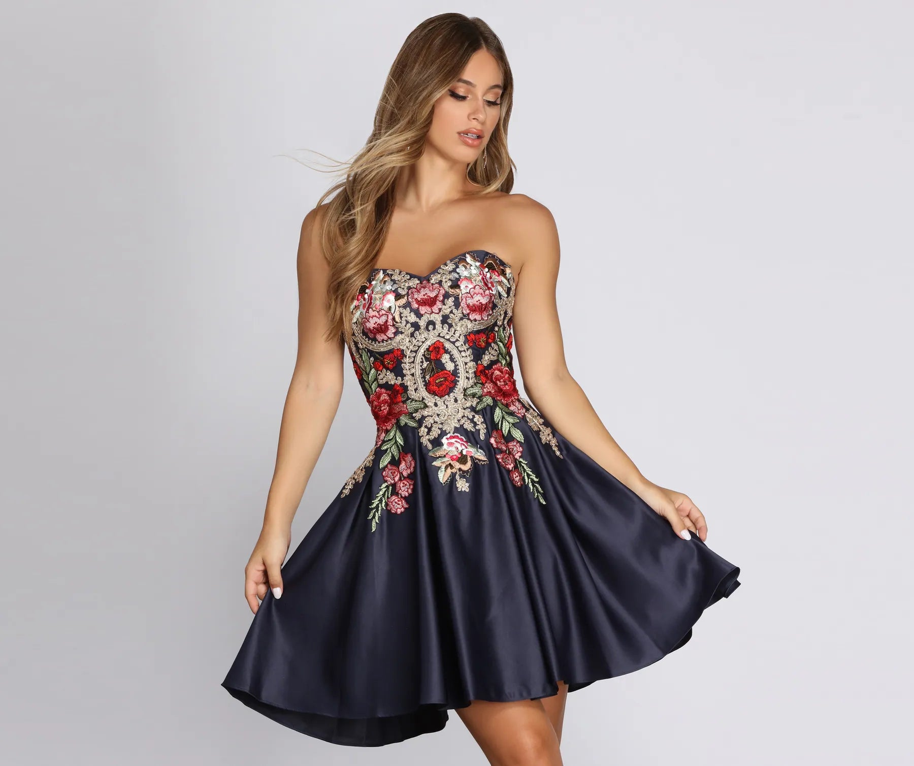 Mini dresses with ribbed textures for a unique appearance Lexi Embroidered Satin Strapless Dress