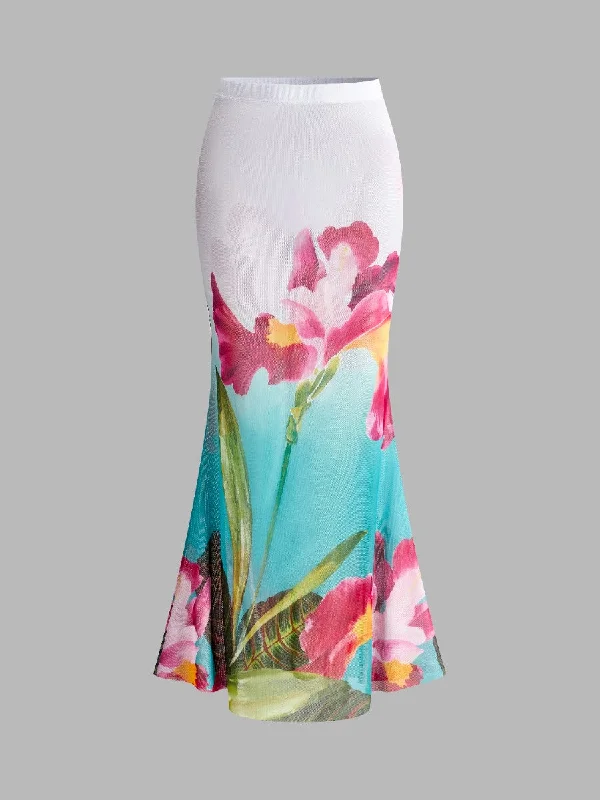 Long - Sleeve Casual Dresses in Lightweight Fabrics​ Floral Print Cover-up Skirt