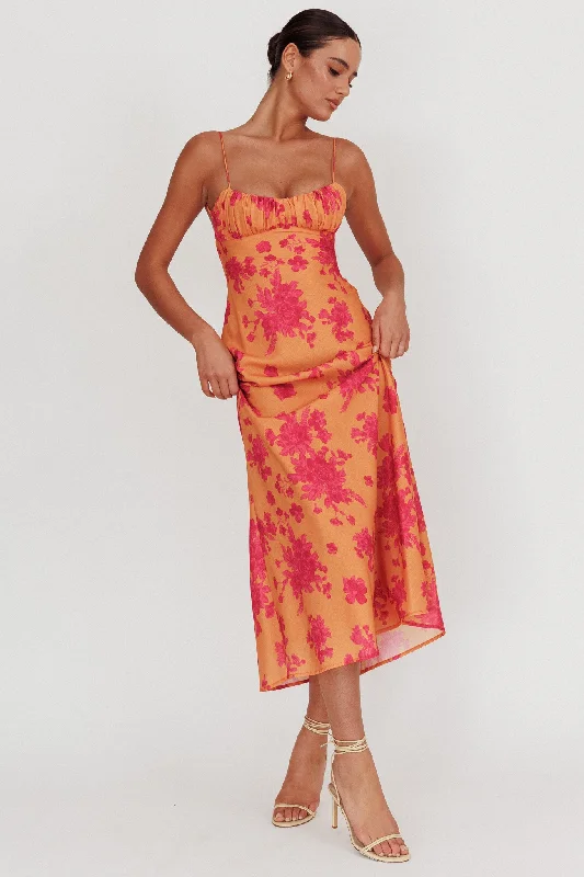 Lace - Trimmed Casual Dresses for a Delicate Touch Nerida Low Back Twist Floral Maxi Dress Orange Lace - Trimmed Casual Dresses for a Delicate Touch Nerida Low Back Twist Floral Maxi Dress Orange