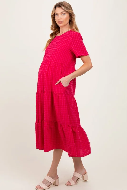 Mini Casual Dresses with Ruffled Hem Fuchsia Short Sleeve Tiered Maternity Midi Dress Mini Casual Dresses with Ruffled Hem Fuchsia Short Sleeve Tiered Maternity Midi Dress