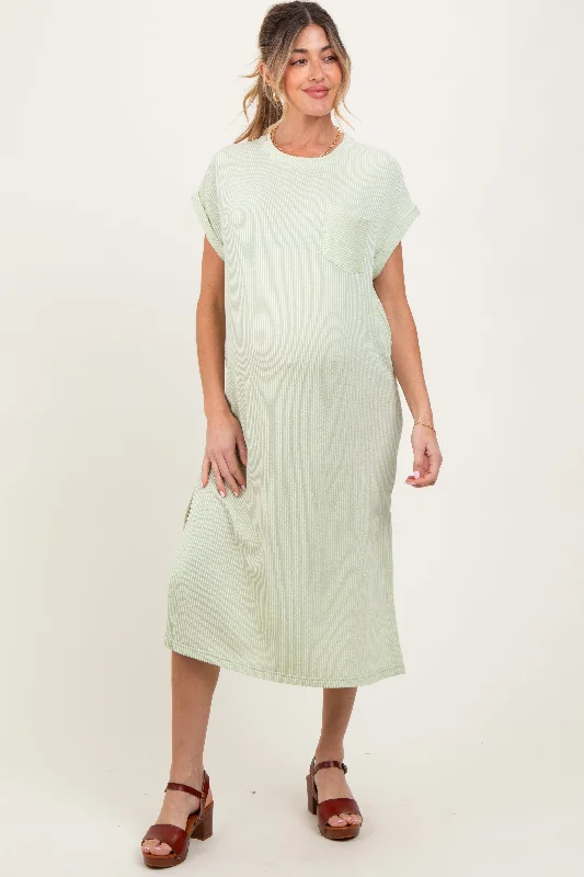 Anti - Wrinkle Casual Dresses for Easy Maintenance Light Olive Ribbed Short Sleeve Front Pocket Maternity Midi Dress Anti - Wrinkle Casual Dresses for Easy Maintenance Light Olive Ribbed Short Sleeve Front Pocket Maternity Midi Dress