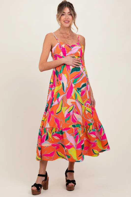 Washable Casual Dresses for Convenient Cleaning​ Orange Leaf Print Tie Back Maternity Maxi Dress