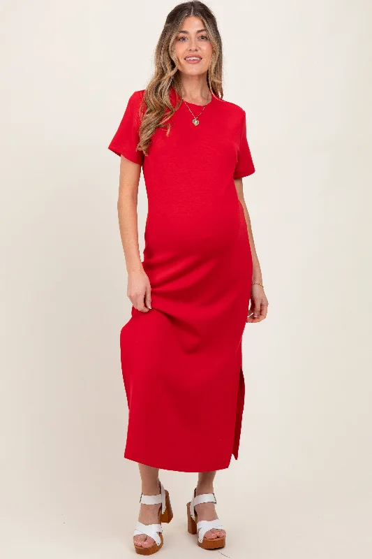 Party Casual Dresses for a Night Out​ Red Basic Side Slit Short Sleeve Maternity Midi Dress