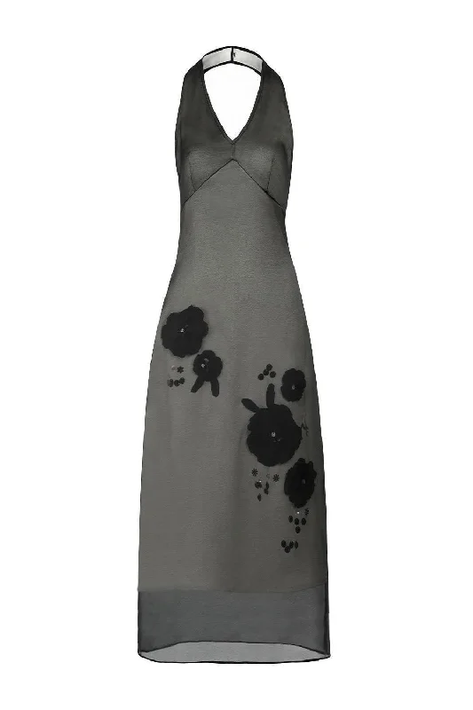 Polyester - Cotton Blend Casual Dresses​ Helena Halter Flower Applique Chiffon Midi Dress