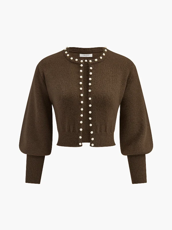Pocket - Equipped Casual Dresses for Practicality​ Pearl Trim Lantern Sleeve Knit Top
