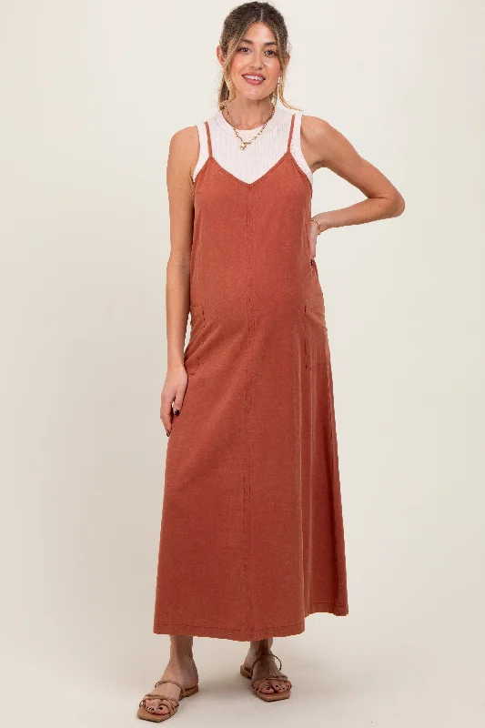 Button - Front Casual Dresses with Decorative Buttons Rust V-Neck Overall Maternity Midi Dress Button - Front Casual Dresses with Decorative Buttons Rust V-Neck Overall Maternity Midi Dress
