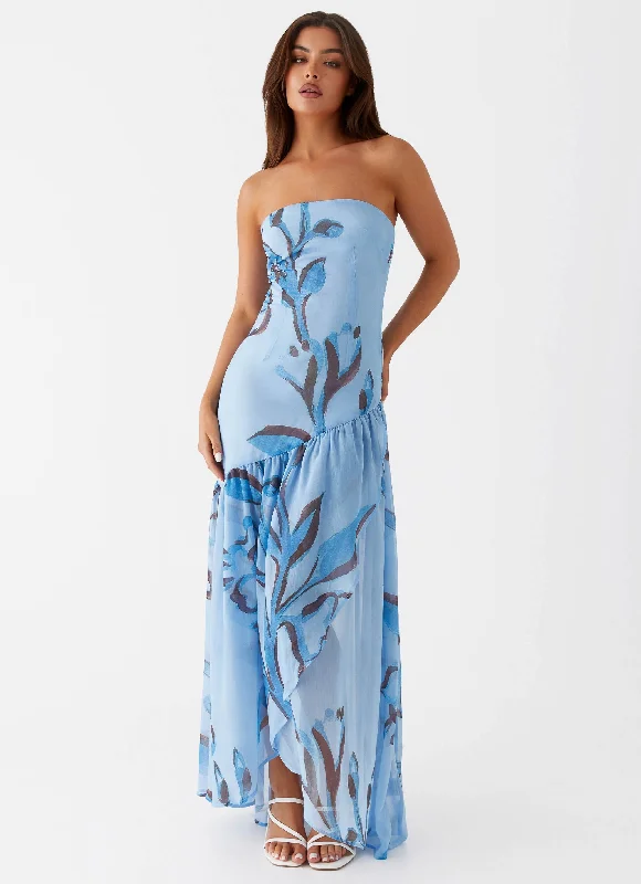 Work - from - Home Casual Dresses for Comfort and Style Solaris Strapless Maxi Dress - Blue Floral Work - from - Home Casual Dresses for Comfort and Style Solaris Strapless Maxi Dress - Blue Floral