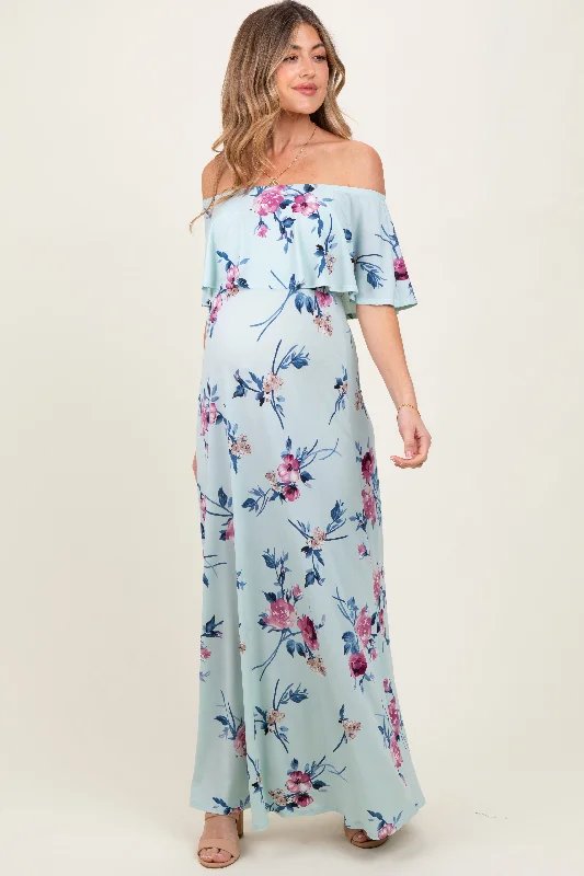 Midi Casual Dresses in Trendy Patterns Mint Off Shoulder Floral Ruffle Maternity Maxi Dress Midi Casual Dresses in Trendy Patterns Mint Off Shoulder Floral Ruffle Maternity Maxi Dress