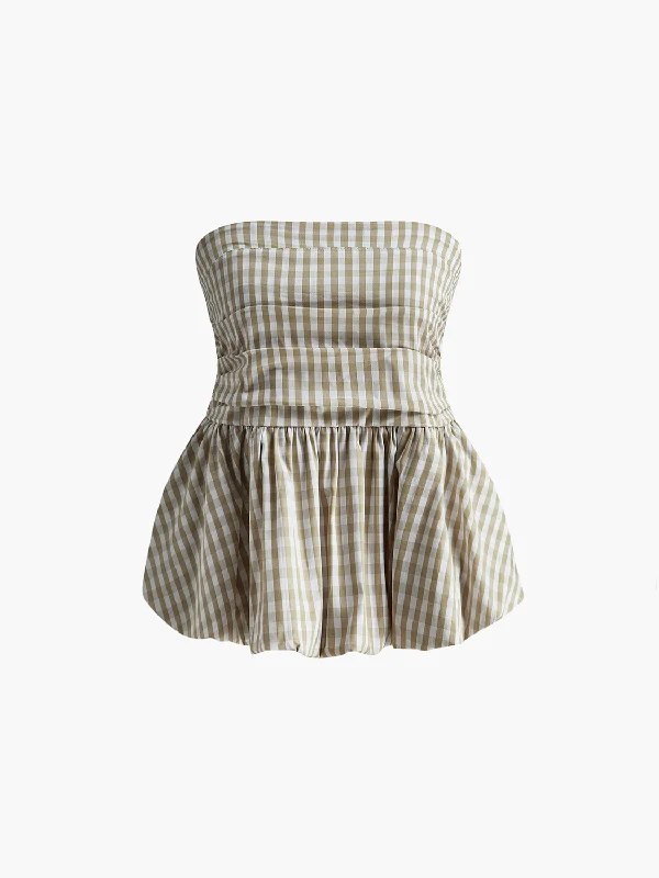 Petite - Sized Casual Dresses for Smaller Frames​ Puff Shirred Plaid Tube Top