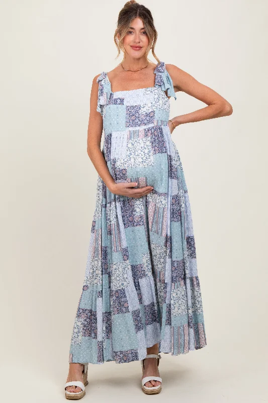 Leather - Look Casual Dresses for a Tough Style​ Blue Patchwork Print Shoulder Tie Tiered Maternity Maxi Dress