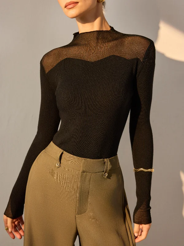 Drawstring - Waist Casual Dresses for Adjustable Tightness​ Mock Neck Mesh Panel Slim Sweater