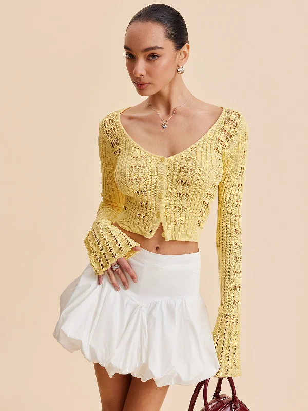 Plus - Size Casual Dresses for a Comfortable Fit​ Bell Sleeve Crochet Knit Cardigan