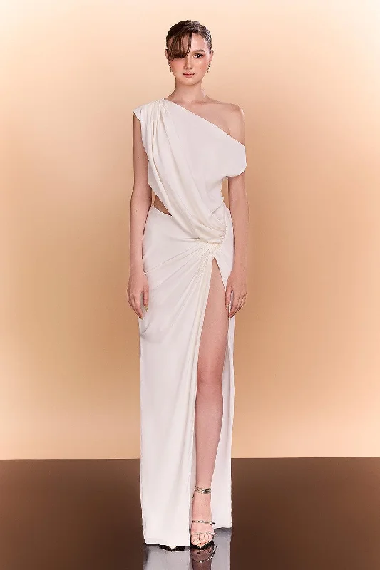 Knit Casual Dresses in Chunky Patterns Wynter Slit Diagonal Neck Silk Floor Length Dress Knit Casual Dresses in Chunky Patterns Wynter Slit Diagonal Neck Silk Floor Length Dress