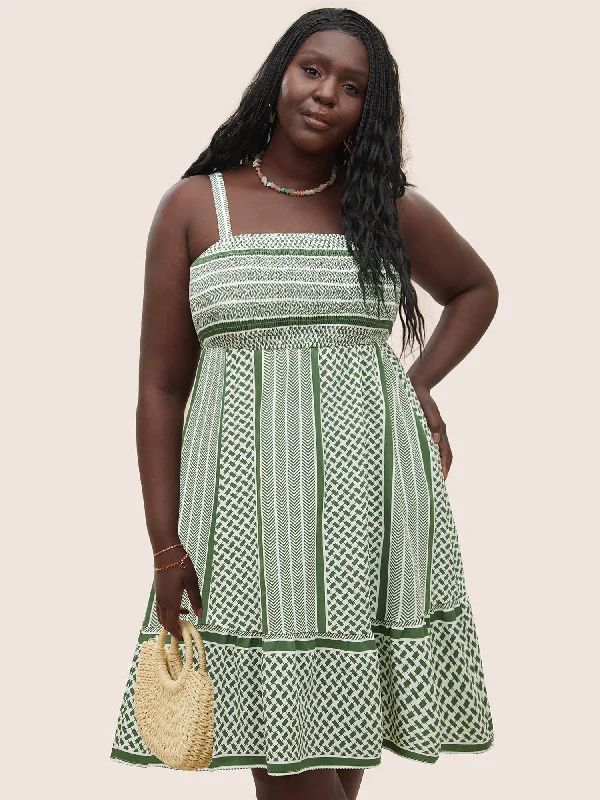 Feathered - Trimmed Casual Dresses for a Dramatic Look​ Geometric Patchwork Spaghetti Strap Dress