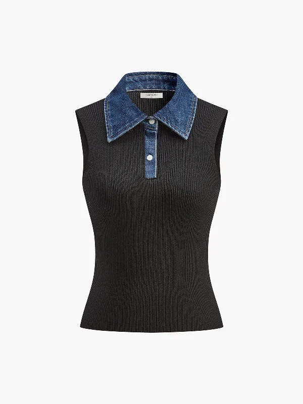 Hat - Friendly Casual Dresses for Outdoor Outfits​ Denim Collar Ribbed Sleeveless Top