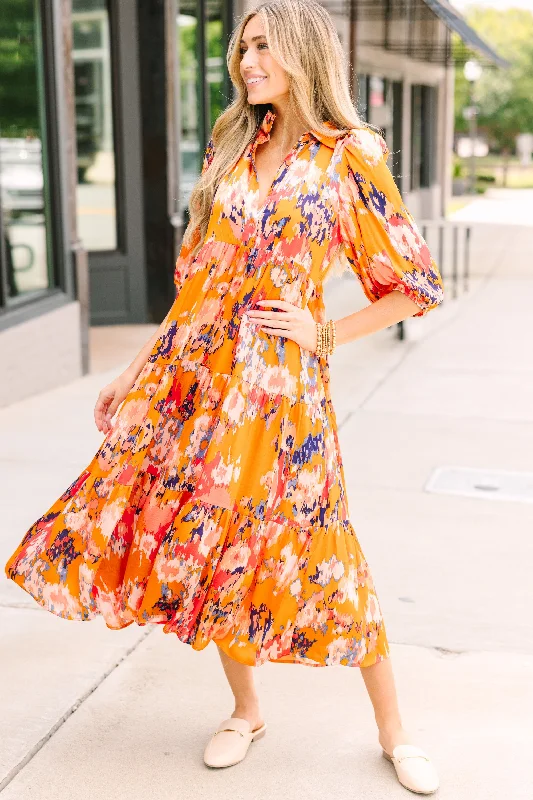 Party Casual Dresses for a Night Out​ Think It Through Orange Floral Babydoll Midi Dress