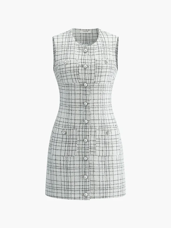 Wrap - Style Casual Dresses for Easy Wear​ Plaid Print Pearl Button Sleeveless Short Dress