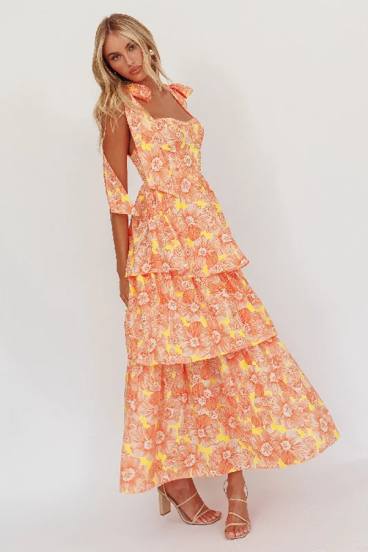 Argyle - Printed Casual Dresses in Pastel Hues Arlowe Tied Shoulder Tiered Midi Dress Floral Orange Argyle - Printed Casual Dresses in Pastel Hues Arlowe Tied Shoulder Tiered Midi Dress Floral Orange