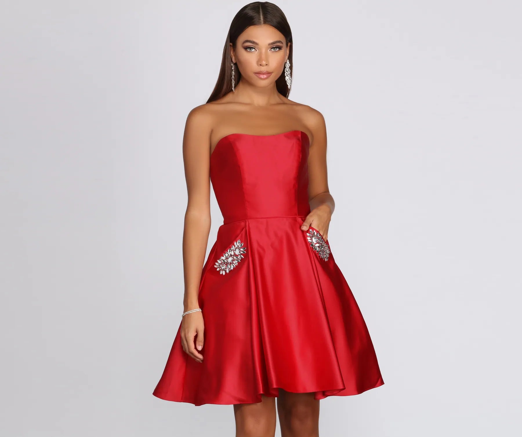 Mini dresses with off - the - shoulder styles Bethany Formal Satin Rhinestone Dress