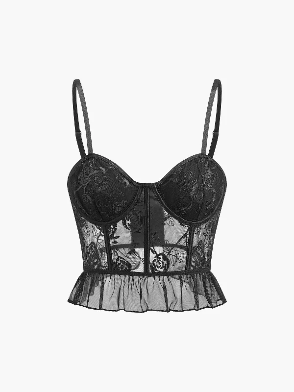 Stretchable Casual Dresses for a Flexible Fit Sheer Embroidered Floral Ruffle Lace Corset Stretchable Casual Dresses for a Flexible Fit Sheer Embroidered Floral Ruffle Lace Corset