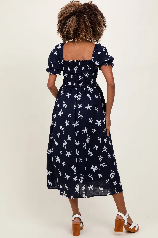 Solid Color Casual Dresses in Earth Tones​ Navy Floral Puff Sleeve Maternity Midi Dress