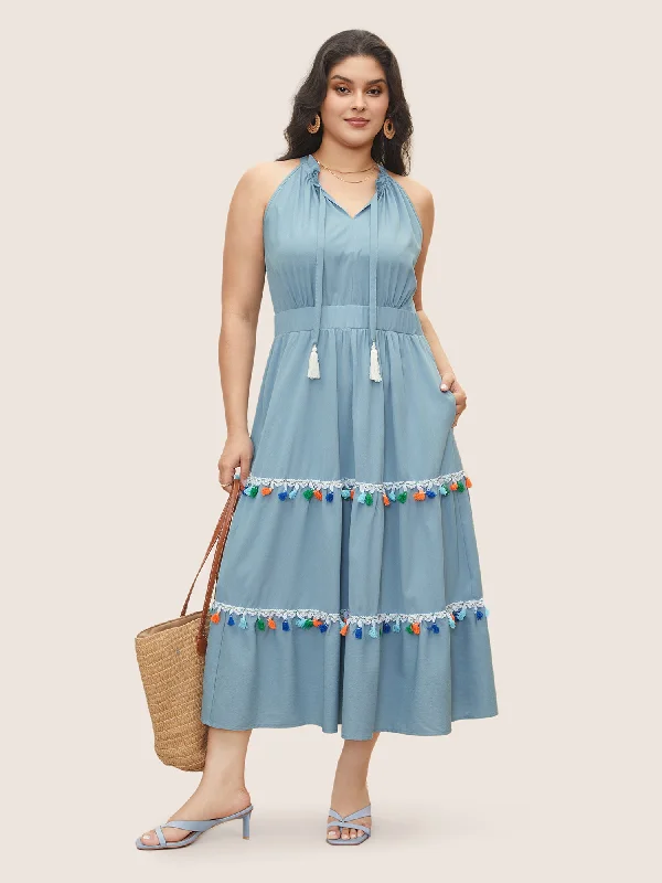 A - Line Casual Dresses for a Flattering Silhouette Colored Frayed Hem Knot Neck Frill Trim Dress A - Line Casual Dresses for a Flattering Silhouette Colored Frayed Hem Knot Neck Frill Trim Dress