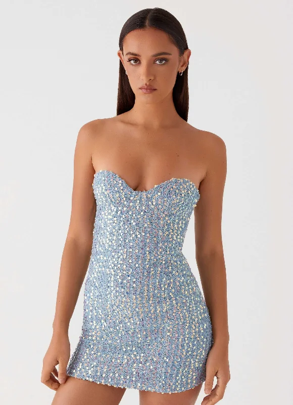 Recycled - Material Casual Dresses for Sustainability Disturbia Sequin Mini Dress - Sequin Denim Recycled - Material Casual Dresses for Sustainability Disturbia Sequin Mini Dress - Sequin Denim