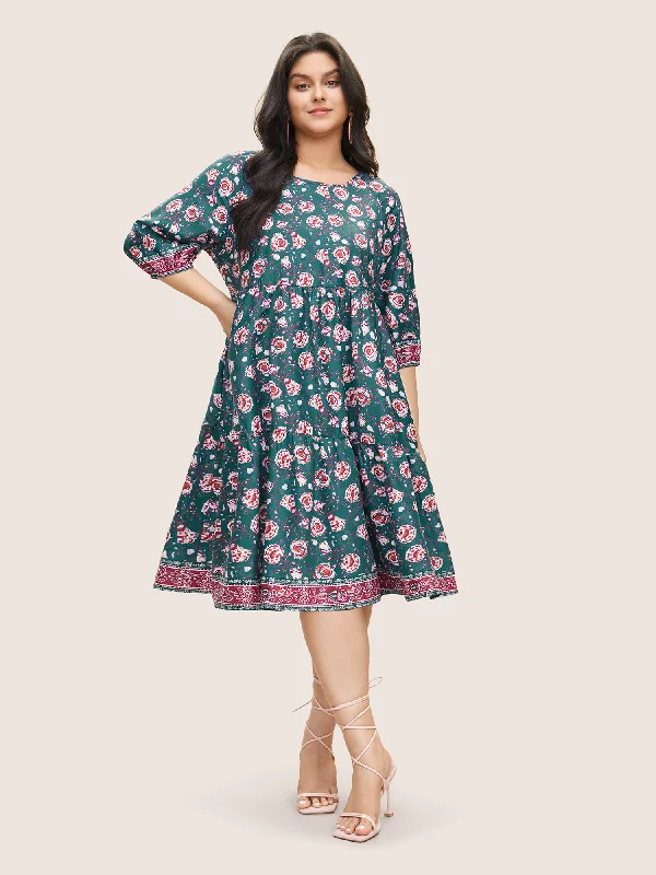 Tie - Dye Casual Dresses for a Retro Style​ Bandana Floral Print Lantern Sleeve Gathered Dress